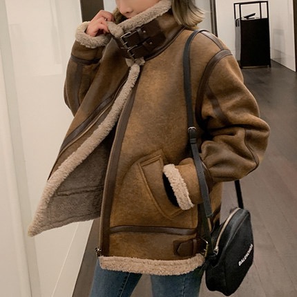 High-end lamb wool cotton-padded motorcycle jacket for women in autumn and winter new style thickened fur integrated buckskin velvet