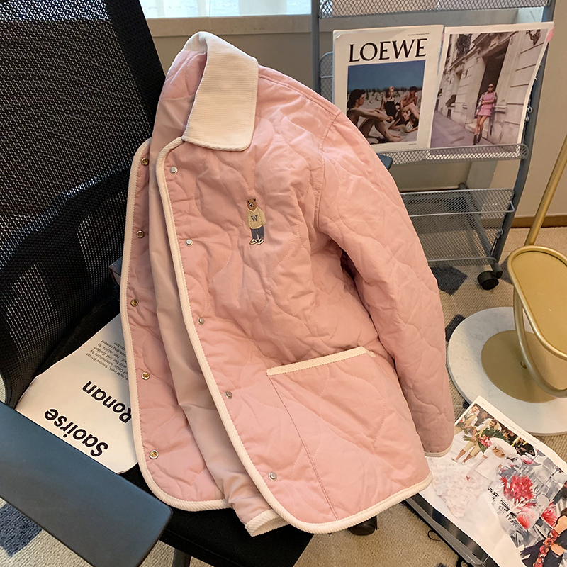 Pink bear embroidery stitching lapel padded jacket for women autumn and winter new style gentle and sweet warm corduroy cotton jacket