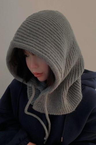 韩国保暖复古抽绳针织围脖一体防寒毛线帽子