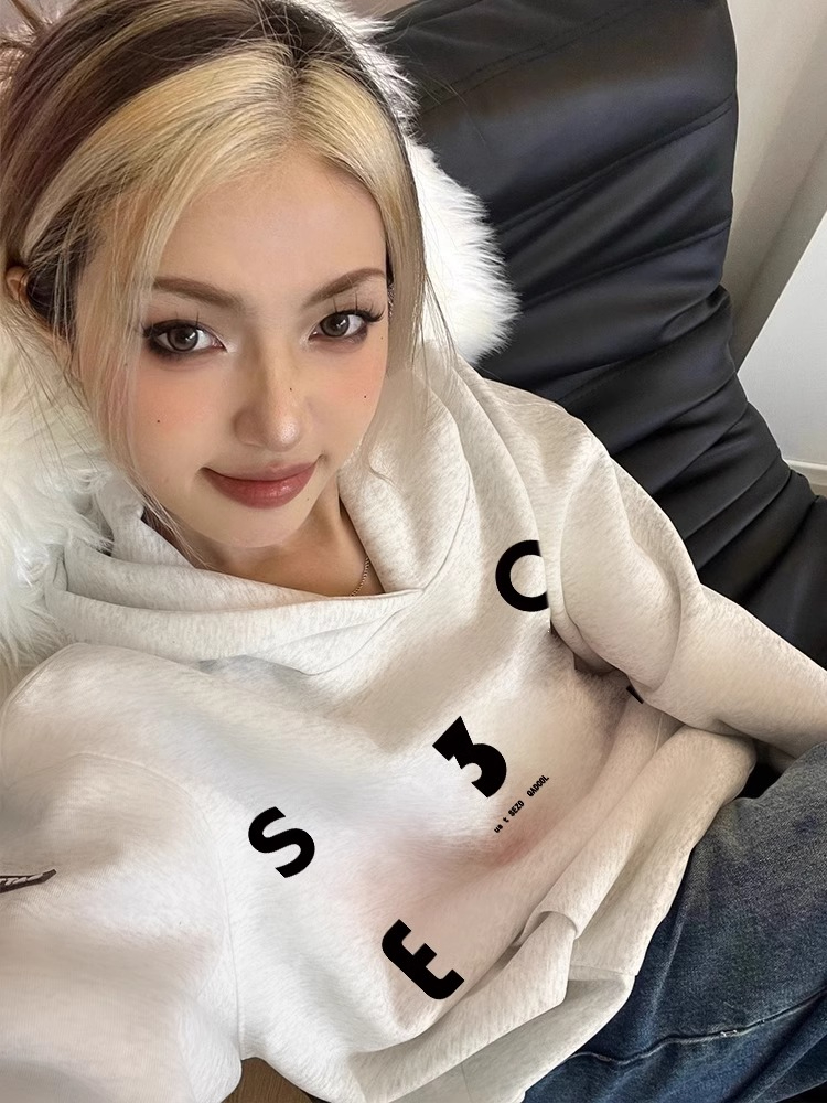 純棉 加銀狐絨 美式慵懶風設計字母印花連帽衛衣