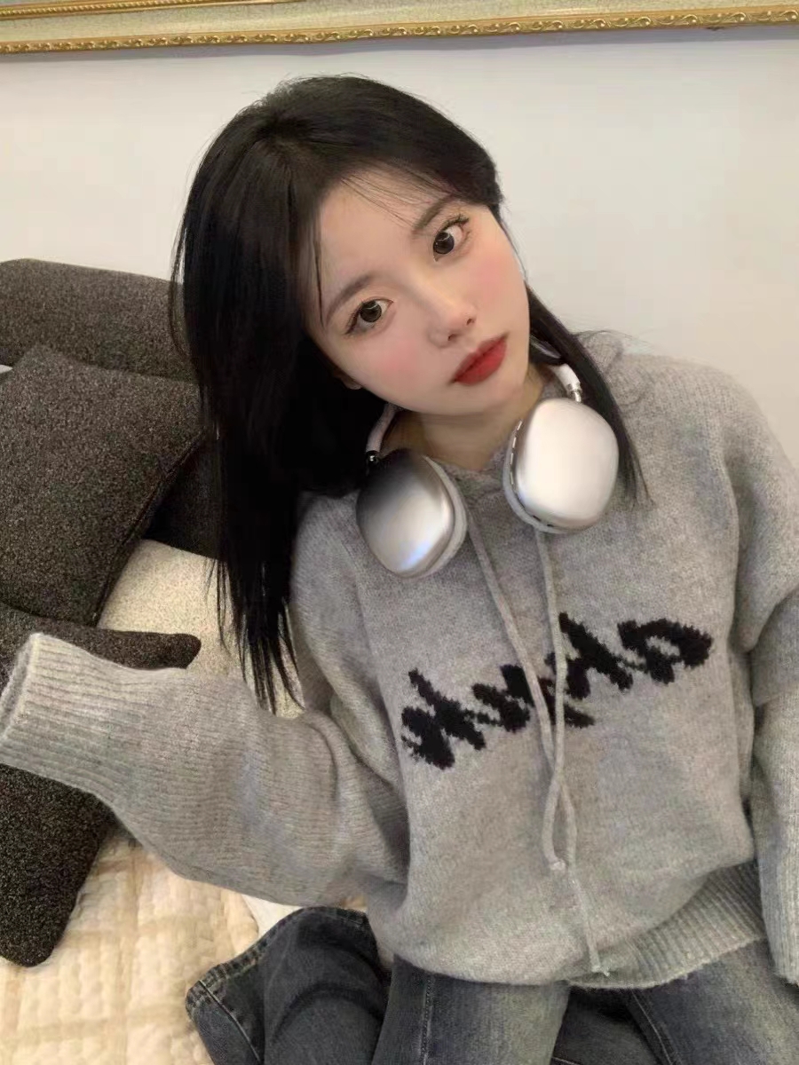 秋冬韓系慵懶風連帽軟糯毛衣外套女奶系穿搭寬鬆灰色針織衫上衣