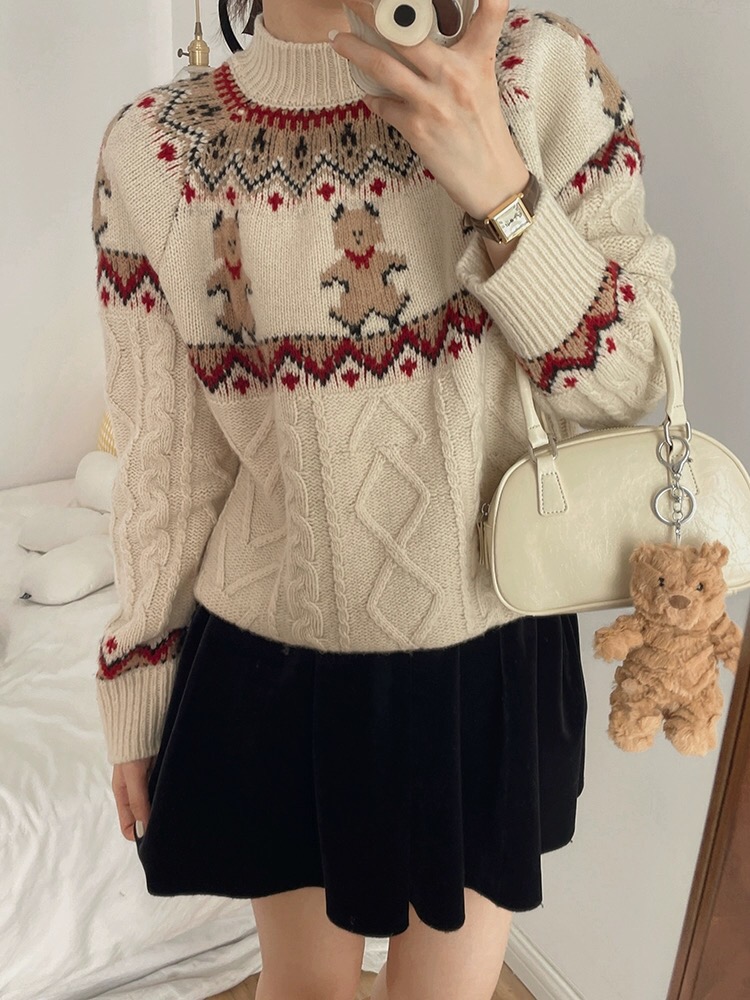 古着聖誕毛衣女小熊餅乾提花厚秋冬韓國小眾高級感純羊毛針織上衣