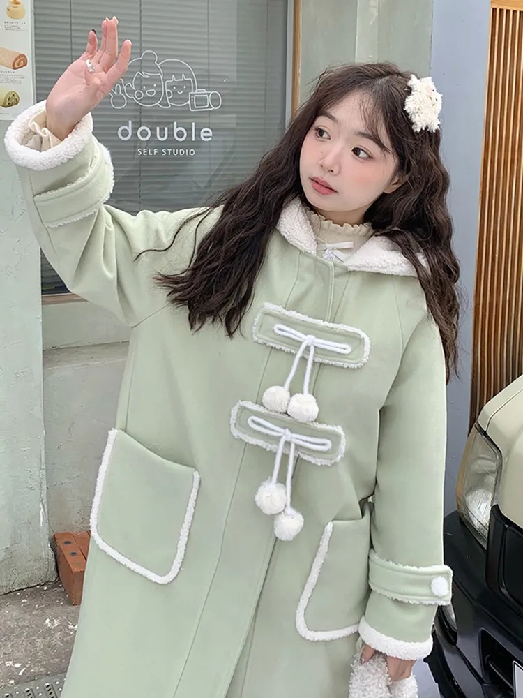 Korean style high-end design hooded thickened loose slimming versatile woolen jacket for small people