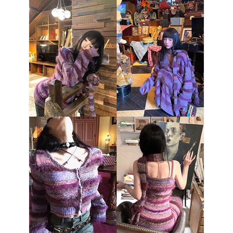 FunnJ方幾 欲紫甜茶慵懶條紋開衫毛衣外套套裝女針織連衣裙三件套