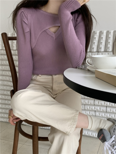 实拍  新款 韩版设计感泡泡袖修身显瘦百搭加厚针织打底衫