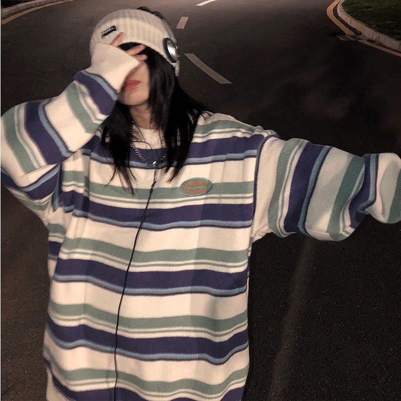 奶fufu的毛衣oversize慵懶風日系復古美式條紋情侶百搭小眾針織衫