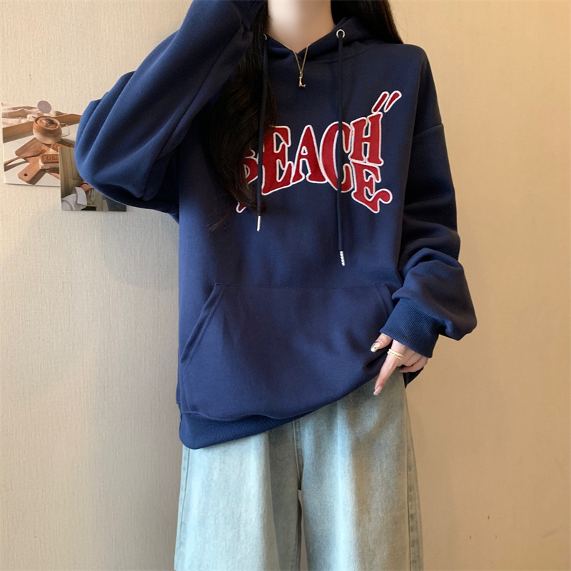 實拍 秋季韓版純棉複合寬鬆連帽美式字母刺繡貼布大碼薄款衛衣女