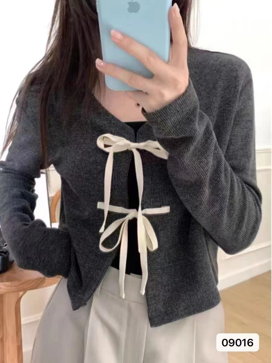 秋冬新款設計感甜美減齡蝴蝶結系帶長袖開衫上衣女