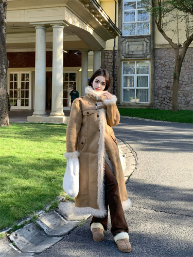 Actual shot of stand-up collar fur one-piece lambswool coat thickened plush long cardigan loose winter coat