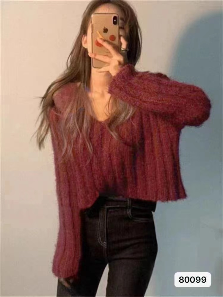秋冬新款韓版溫柔風ins潮V領軟糯毛絨百搭長袖上衣女
