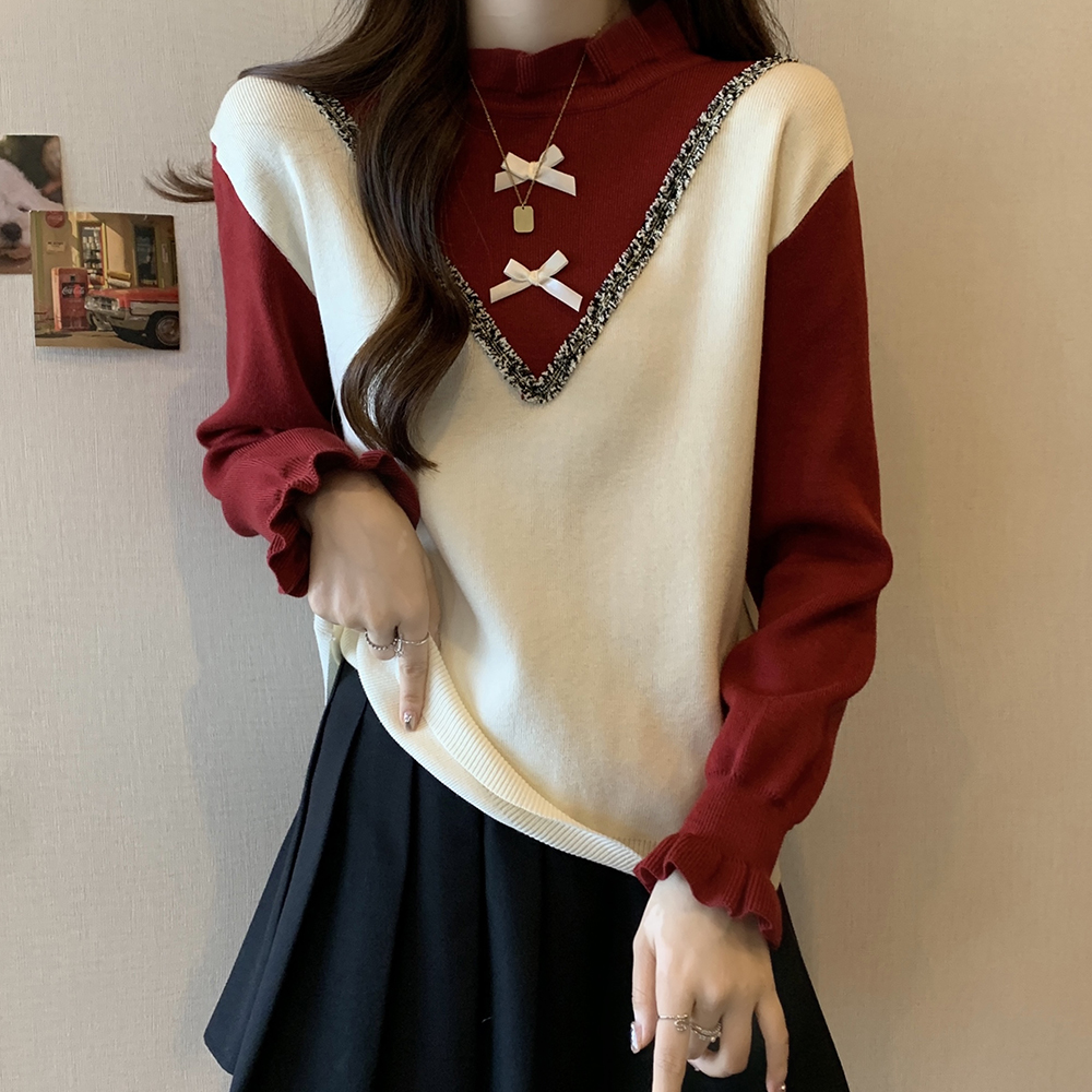 實拍大碼女裝秋冬新年紅本命年撞色拼接設計感顯瘦遮肉毛衣針織衫