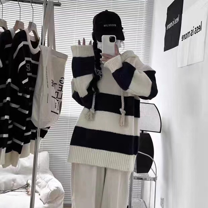 連帽條紋拼色毛衣女2023秋款寬鬆外穿慵懶風韓系設計感小眾衛衣潮