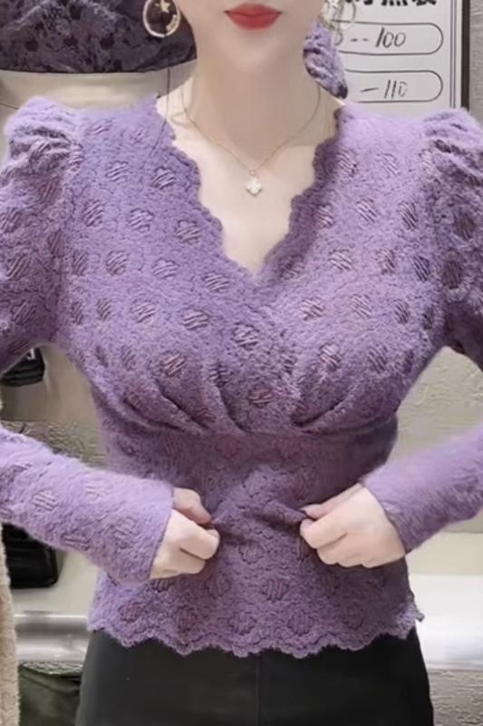 法式V領蕾絲磨毛打底衫女秋冬新款韓版洋氣減齡加厚短款長袖上衣