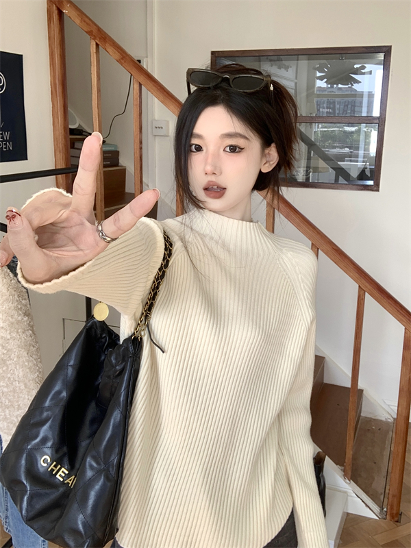 實拍秋冬新款半高領坑條針織打底衫寬鬆顯瘦咖色毛衣內搭