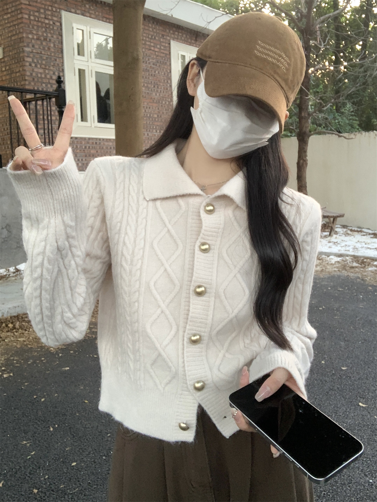 實拍 秋冬韓版麻花polo領軟糯北極絨短款針織開衫毛衣外套女