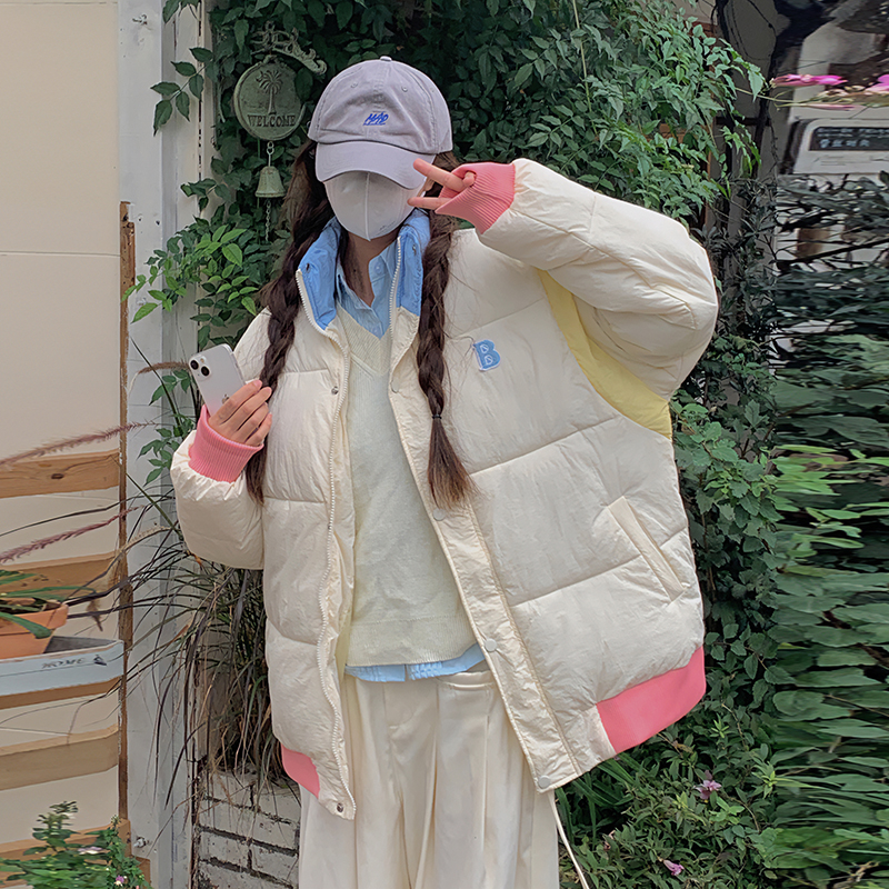 First real shot of new down cotton coat for women, Korean version, contrasting color, loose, Internet celebrity ins, Hong Kong style thickened cotton coat for women