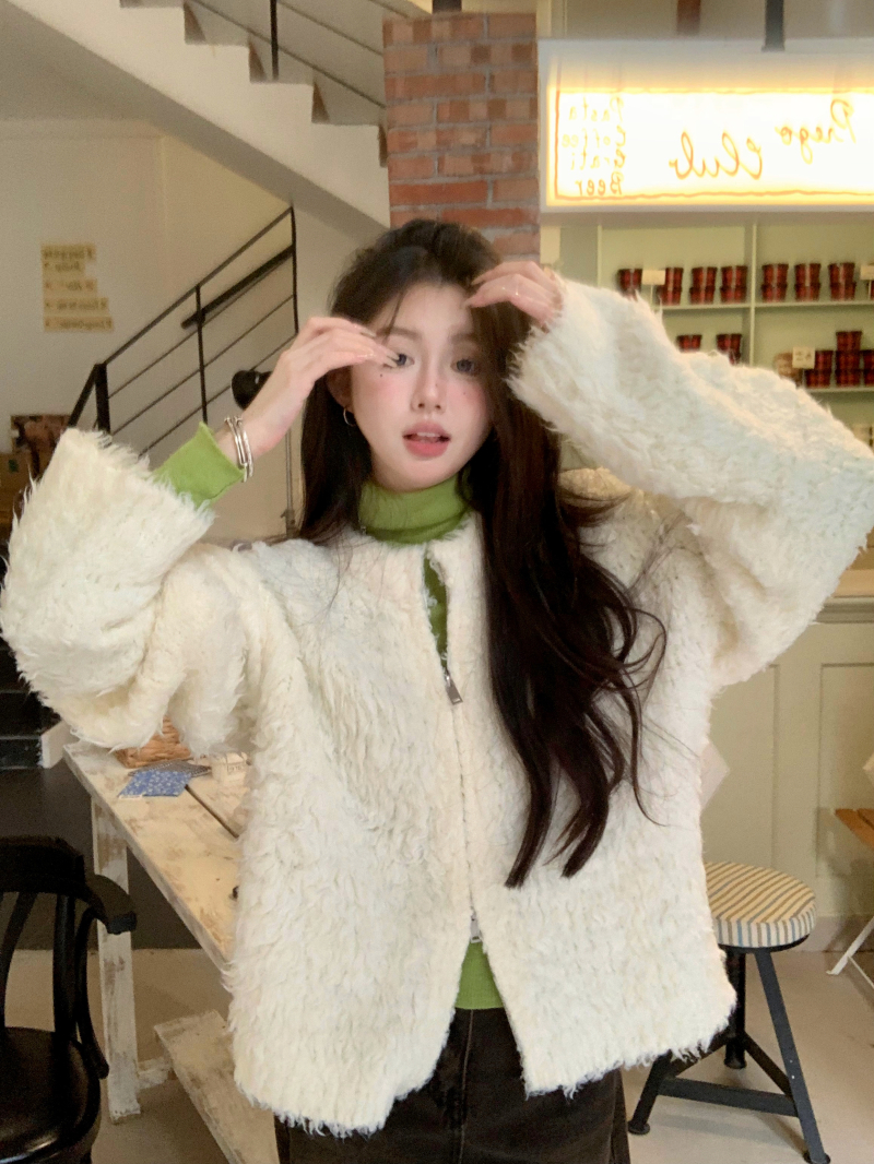 Real shot of special wool fur wool sweater cardigan women's zipper jacket