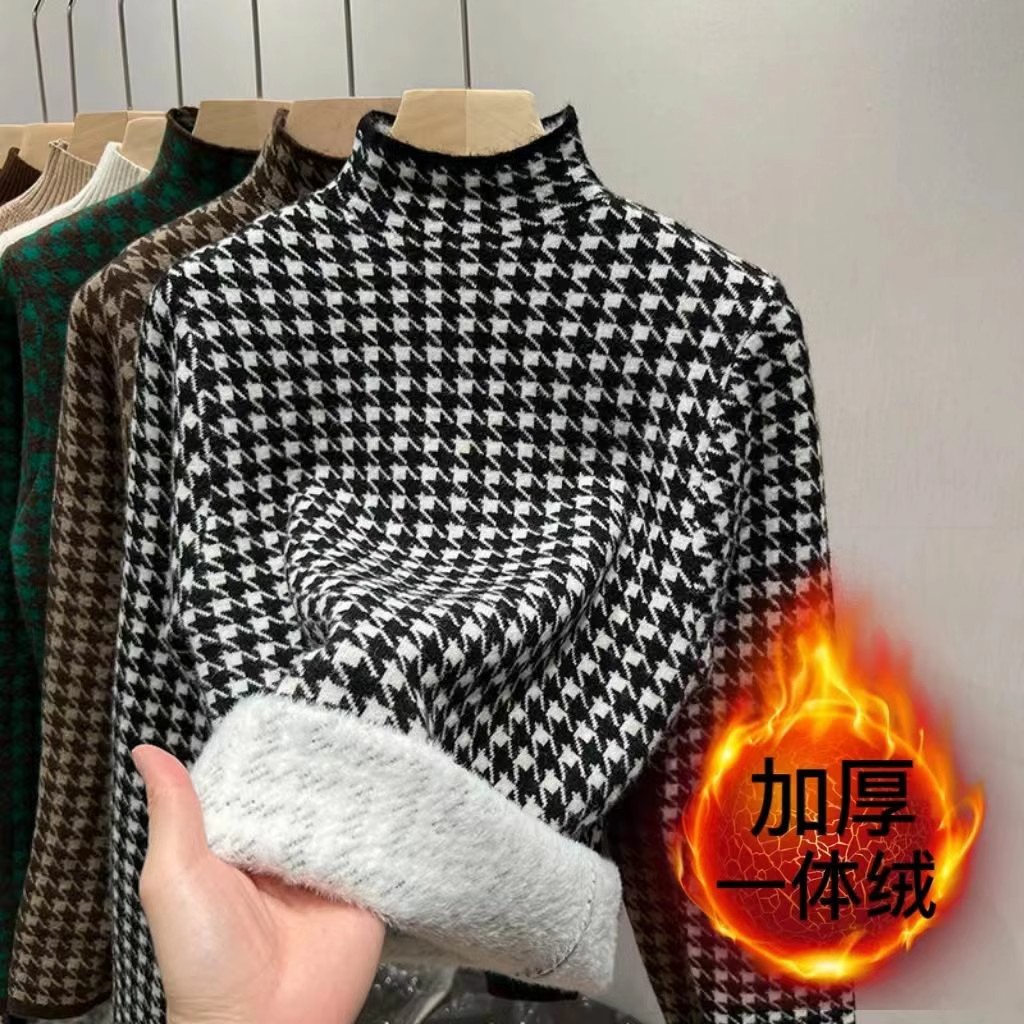 加厚半高領千鳥格衫打底特厚一體絨衣毛冬季加絨加厚女洋氣衫針織