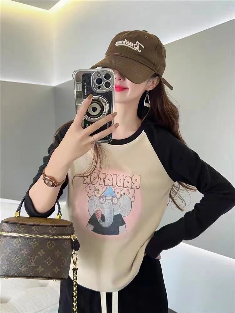 戴眼鏡的小象 減齡百搭插肩袖磨毛T恤 疊穿顯瘦圓領長袖打底衫女