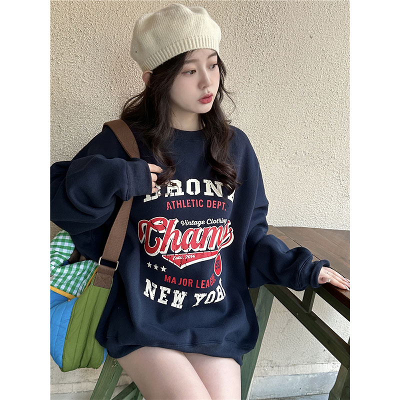 310g imitation cotton interwoven fabric, non-pilling, winter thickened velvet sweatshirt for women, round neck printing, back strip