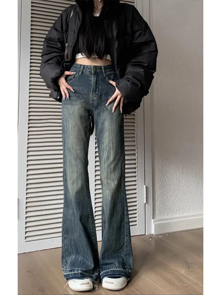 復古高腰喇叭牛仔褲女2023秋季新款高腰修身設計微喇拖地長褲