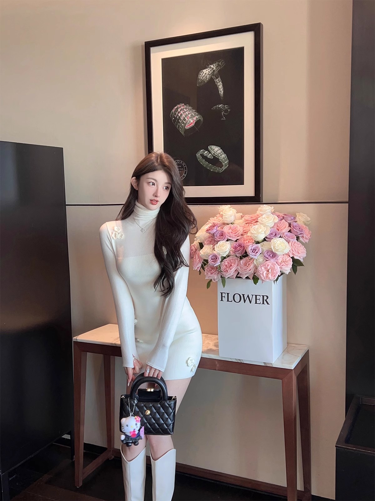 FairyJiang 秋冬新款性感白色高領針織連衣裙短款修身顯瘦包臀裙