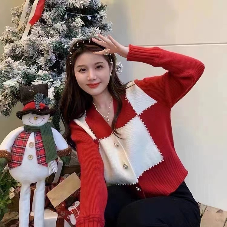 韓版設計感小眾撞色重工v領毛衣開衫女春秋別致氣質短款打底
