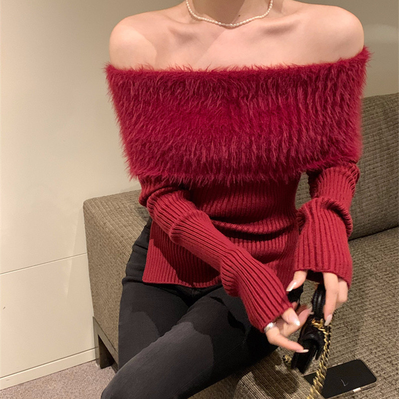 Mink velvet New Year's red sweater for autumn and winter, unique and chic pure lust hot girl one-shoulder top with women's bottoming shirt