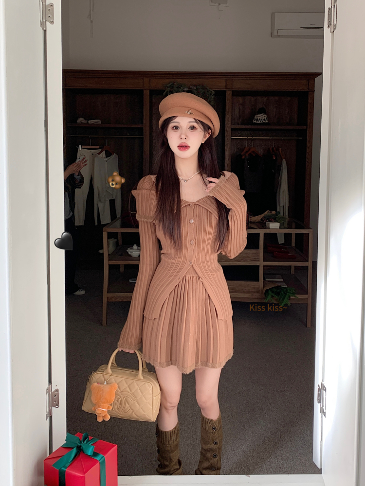 實拍純欲長袖針織開衫女秋冬高腰百褶半身短裙咖色慵懶兩件套