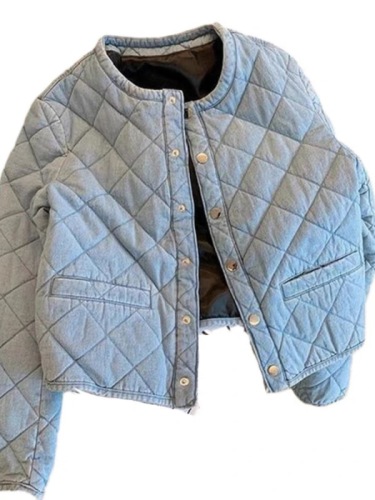 Blue diamond quilted round neck denim jacket for women new  autumn and winter short retro small man cotton coat