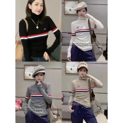 修身打底衫女高領2023新款韓版拼色條紋繡花卡通螺紋針織衫女秋冬