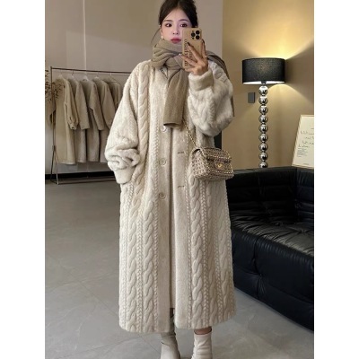  Lazy Style Embossed Embossed Long Eco-Friendly Wool Jacket Women's Loose Retro Thickened Internet Celebrity Long Top