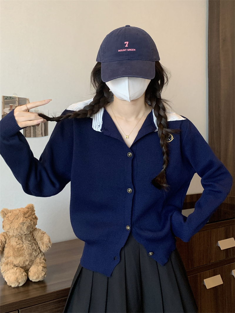 實拍 新款高級感假兩件POLO領長袖針織衫女學院風氣質百搭上衣