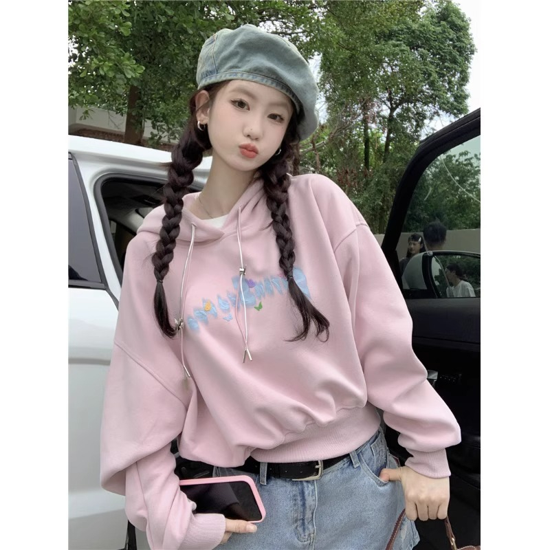 原版做工字母印花粉色連帽衛衣女小個子秋季設計感寬鬆慵懶上衣