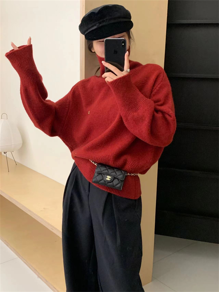 韓系高級感慵懶綠色高領毛衣女秋冬加厚軟糯寬鬆氣質打底針織上衣