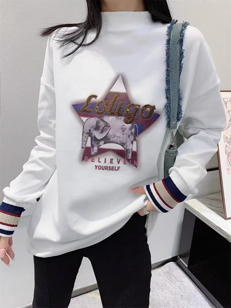 洋氣內搭長袖t恤女秋冬2023新款寬鬆中長款加絨半高領打底衫上衣