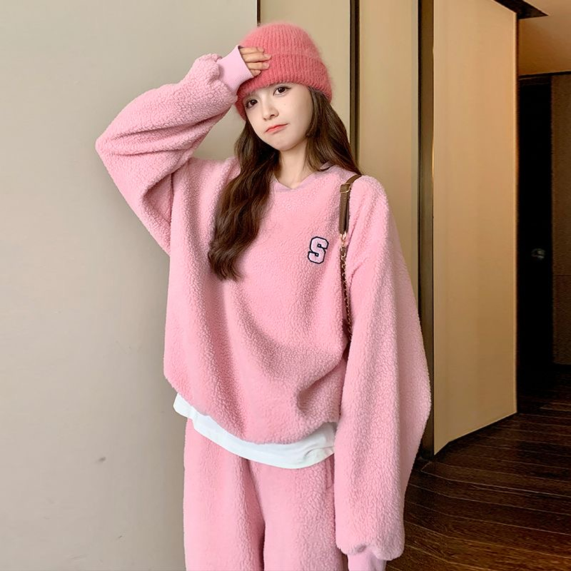 粉色羊羔絨套裝女秋冬2023新款韓版寬鬆減齡學院風闊腿褲兩件套