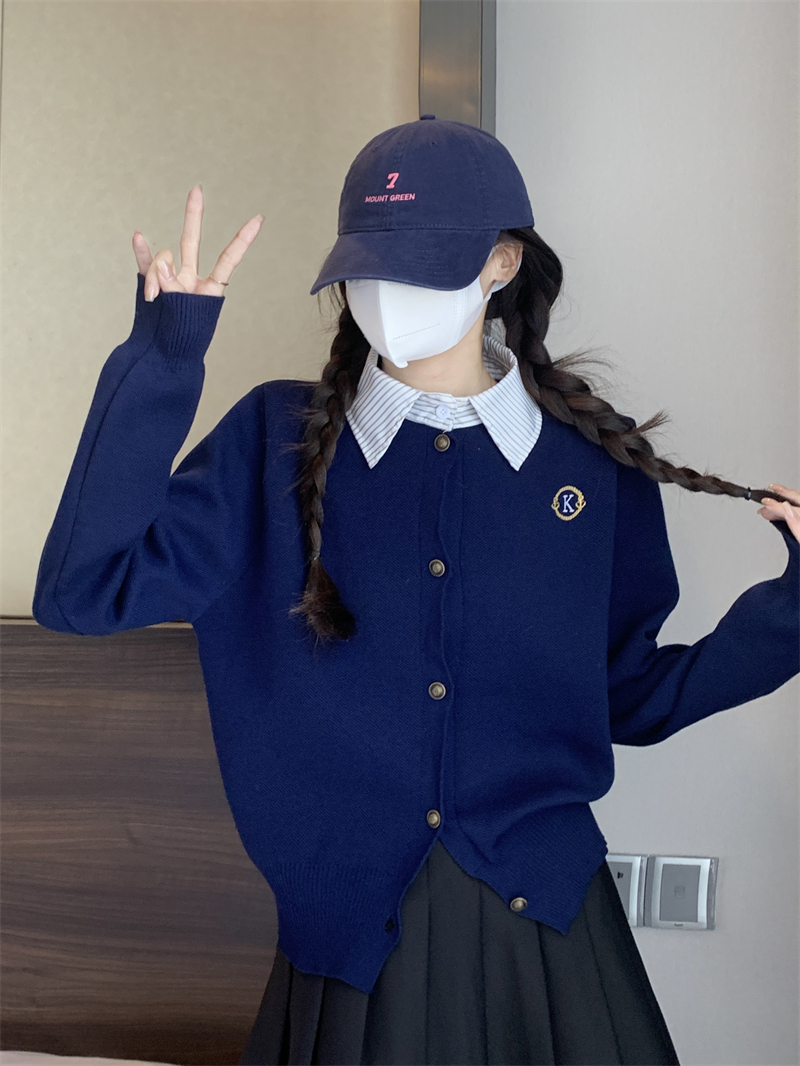 實拍 新款高級感假兩件POLO領長袖針織衫女學院風氣質百搭上衣