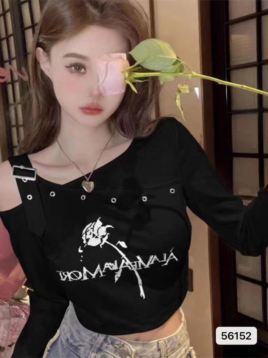 純欲風不規則露肩長袖T恤女獨特别致甜酷辣妹高腰短款設計感上衣