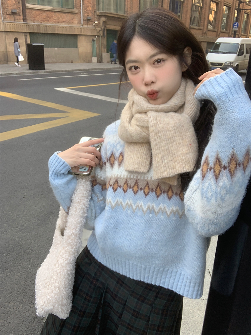 實拍圓領套頭提花毛衣女藍色寬鬆針織衫+復古綠色格紋百褶半身裙