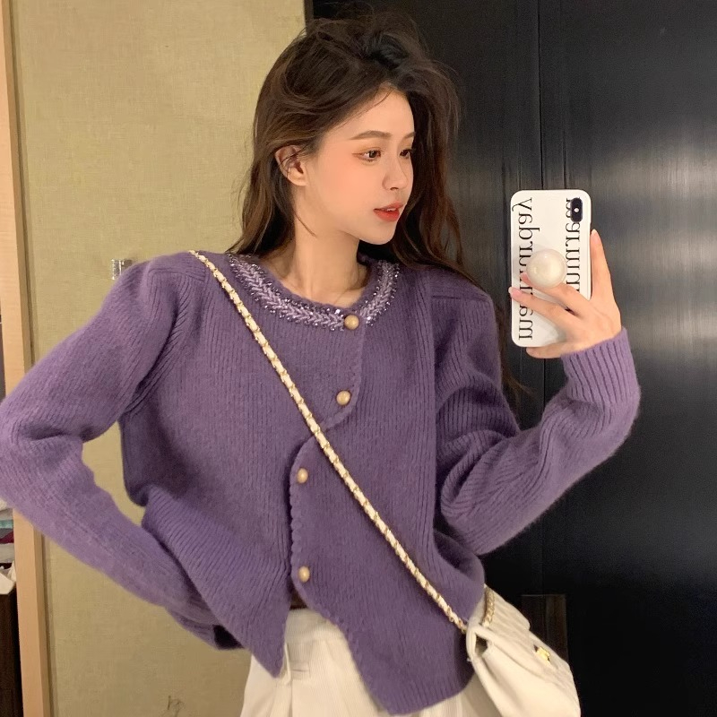 小香風不規則紫色毛衣開衫毛衣外套女秋冬小眾別致短款針織衫上衣