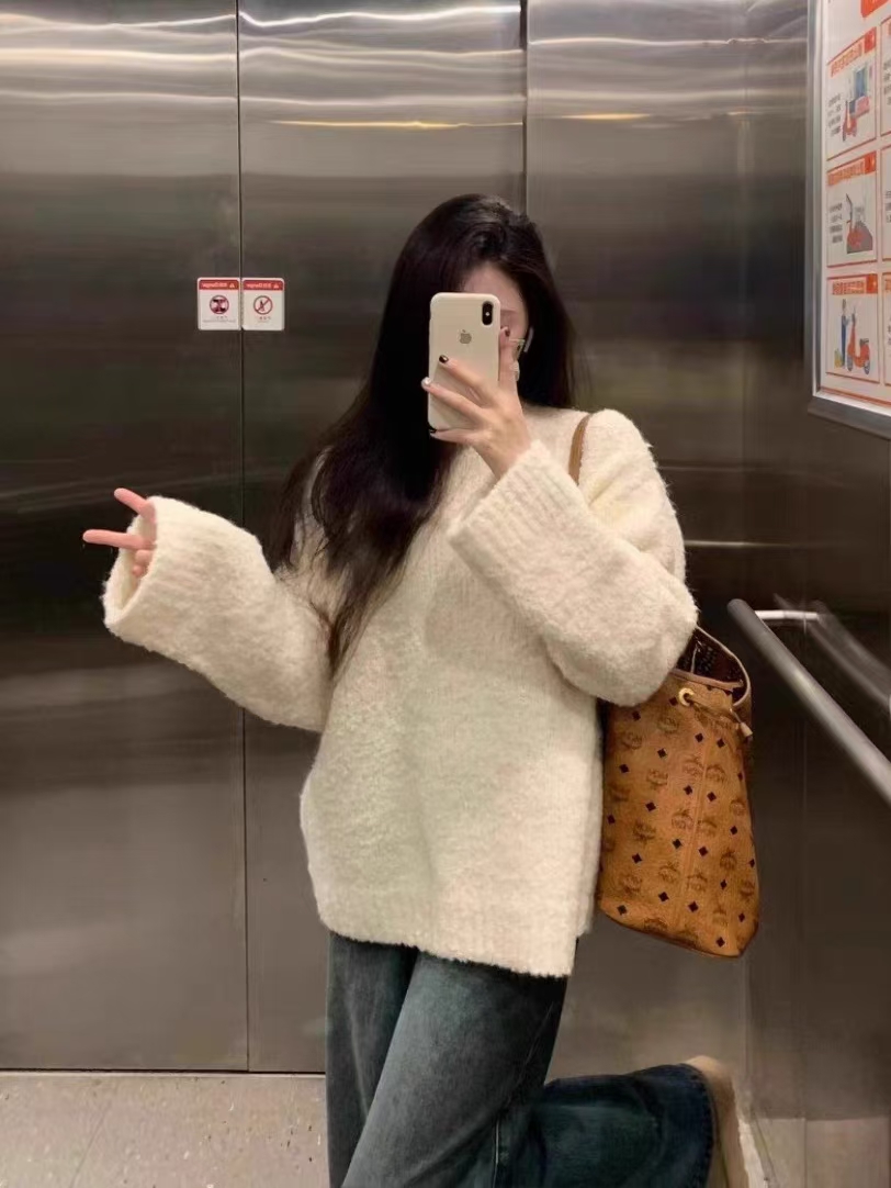 奶乎乎白色鹽毛圈絨溫柔軟糯寬鬆毛衣女秋冬新款針織衫慵懶風上衣