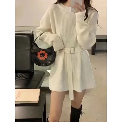 Lazy style waisted sweater skirt for women with fashionable design for autumn and winter petite gentle long-sleeved mid-length knitted top