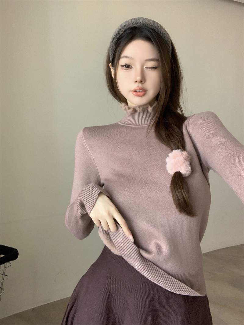 實拍 冬季新款2023年木耳邊加絨加厚打底衫女一體絨針織毛衣