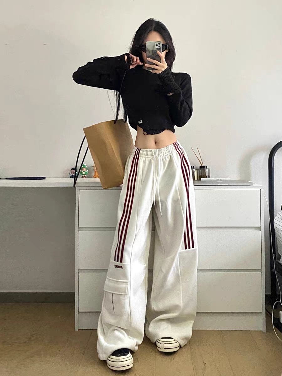 Designed three-stripe overalls for women in spring and autumn American retro casual sports pants high-waisted loose wide-leg pants