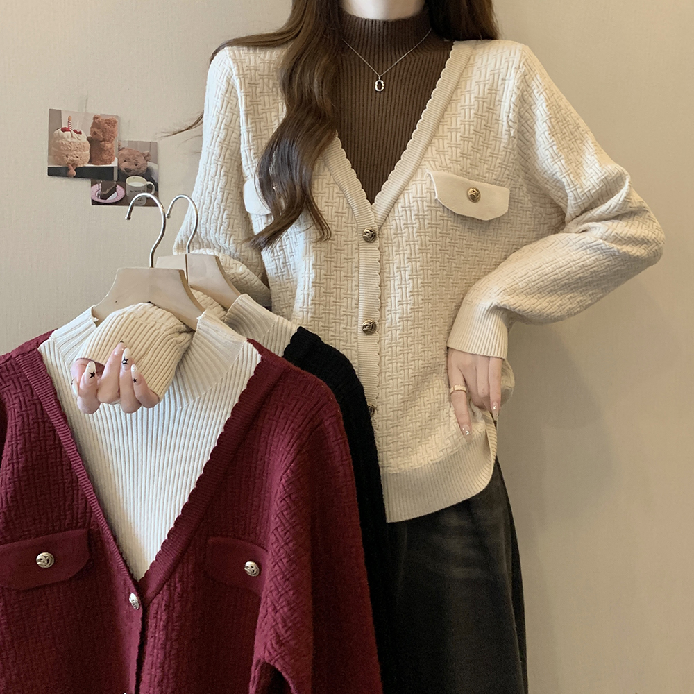 實拍大碼女裝2023冬季新款假兩件高領撞色寬鬆毛衣顯瘦遮肉針織衫
