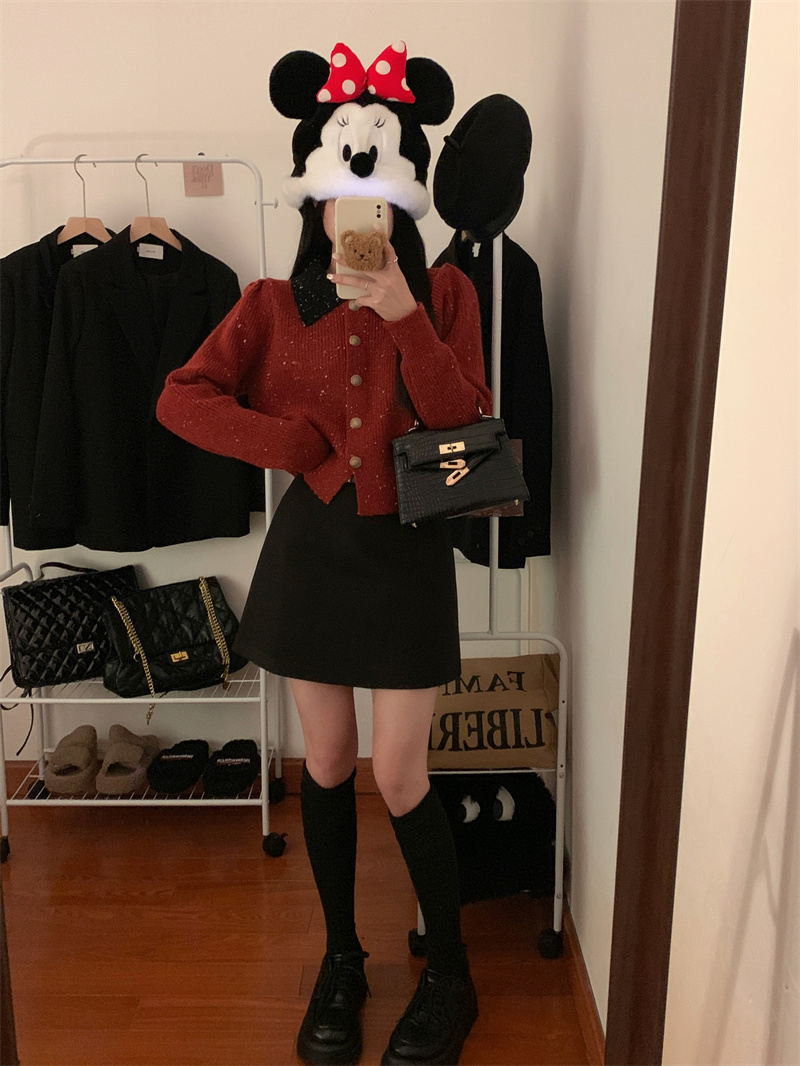 實拍聖誕紅色星空小香風POLO領短款毛衣開衫+毛呢顯瘦A字短裙