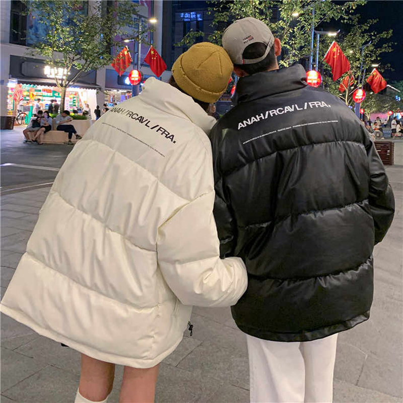 PU leather couple wear winter new down jacket short style picture red Korean version thickened niche ins cotton jacket trendy
