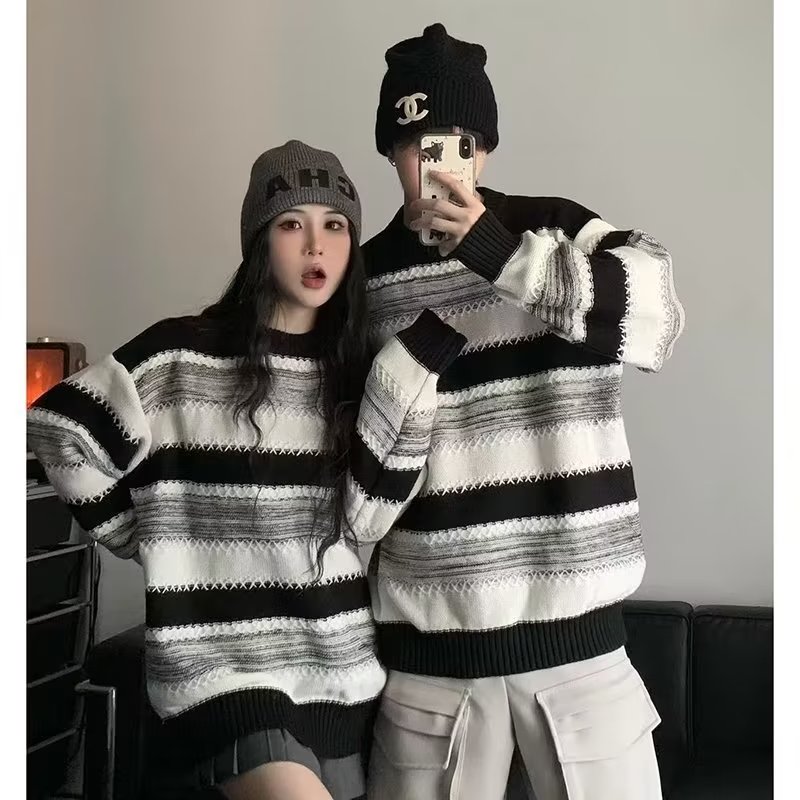 秋冬慵懶風毛衣男女潮牌條紋設計感寬鬆oversize高級感針織衫上衣