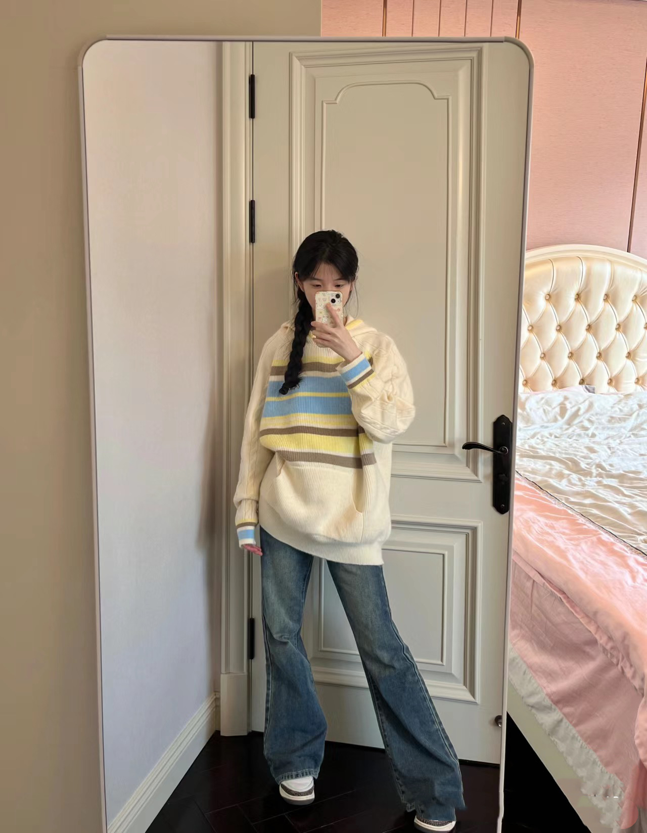 復古撞色拼接條紋毛衣女秋冬慵懶風寬鬆連帽針織衫搭牛仔褲一整套